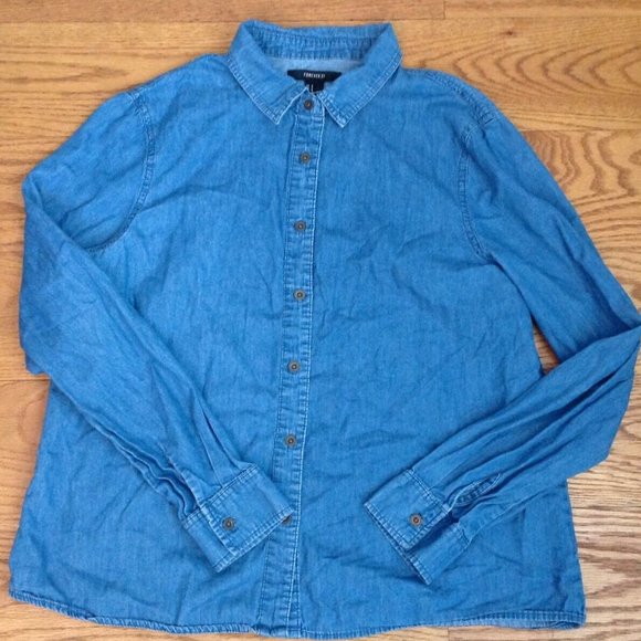 WOMENS S CHAMBRAY DENIM SHIRT LONG SLEEVE 100% COTTON BLUE 38.5"x 24" - Picture 2 of 12
